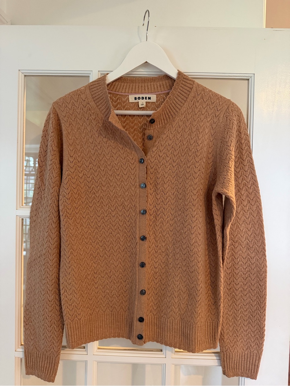 Boden women’s Pointelle Camel Cardigan Sweater